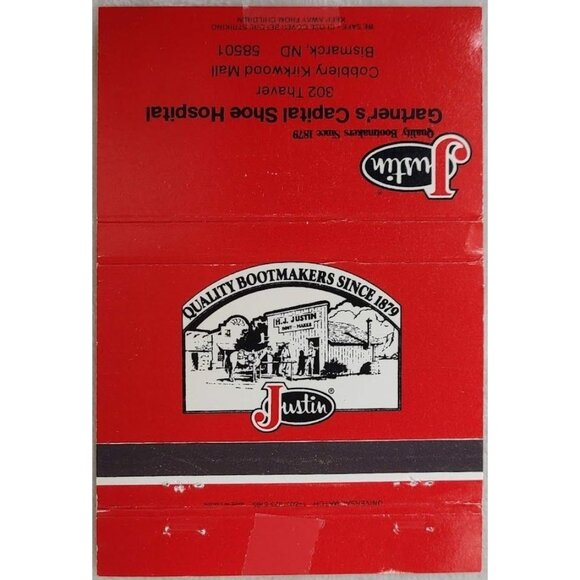 Vintage Matchbook Cover Justin Boots Gartner’s Capital Shoe Hospital Bismarck ND - Picture 2 of 5